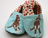 Sock Monkey Baby Boy Shoes on Blue with Polk a Dot backs  - Size 0 3 6 9 12 months Handmade Baby booties - Baby Clothes Soft Sole Shoes