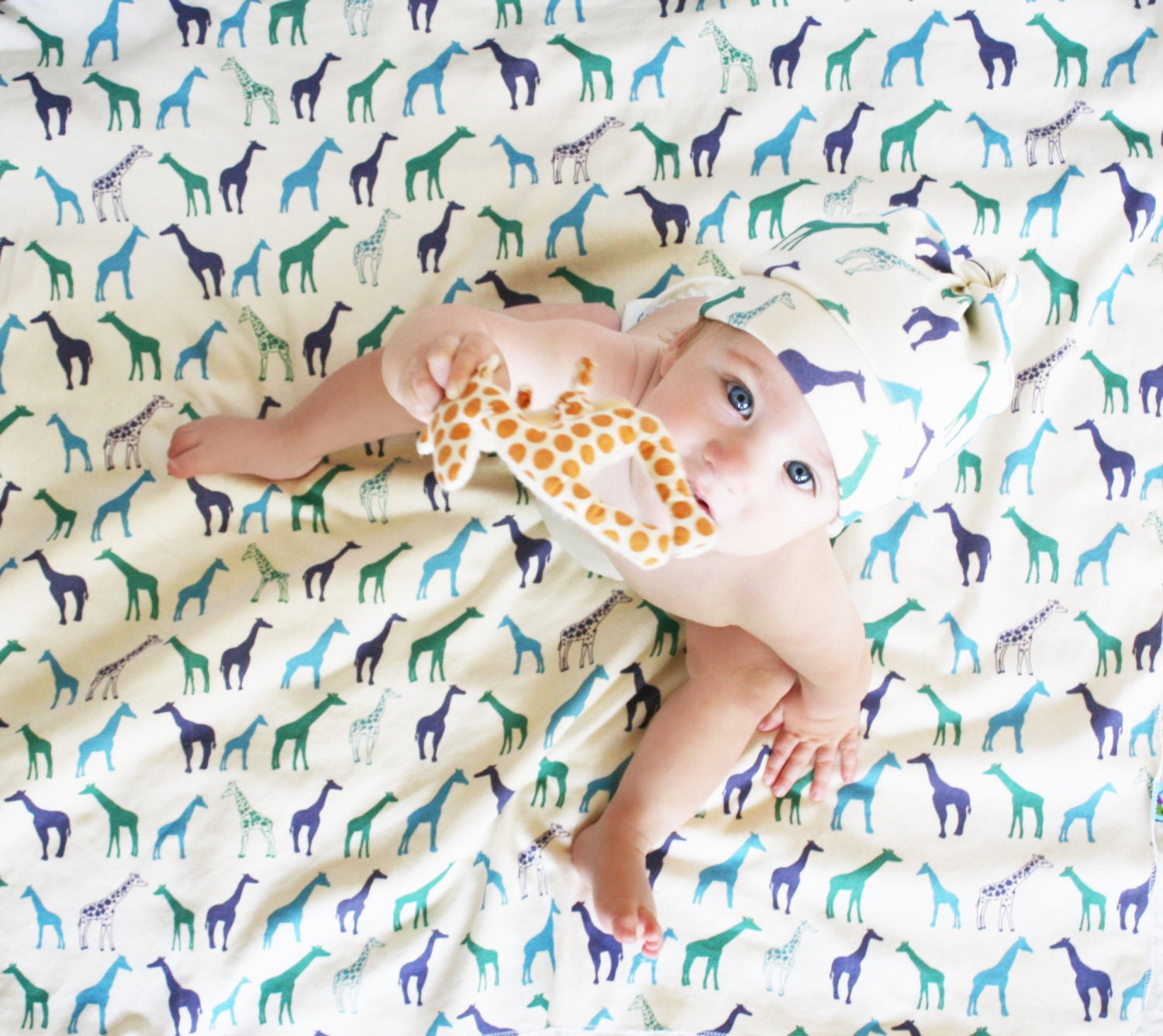 Giraffe Baby Blanket and Knotty Hat in Cobalt, Teal and Emerald -  Giraffes on Organic Interlock - Swaddle Blanket Eco Friendly