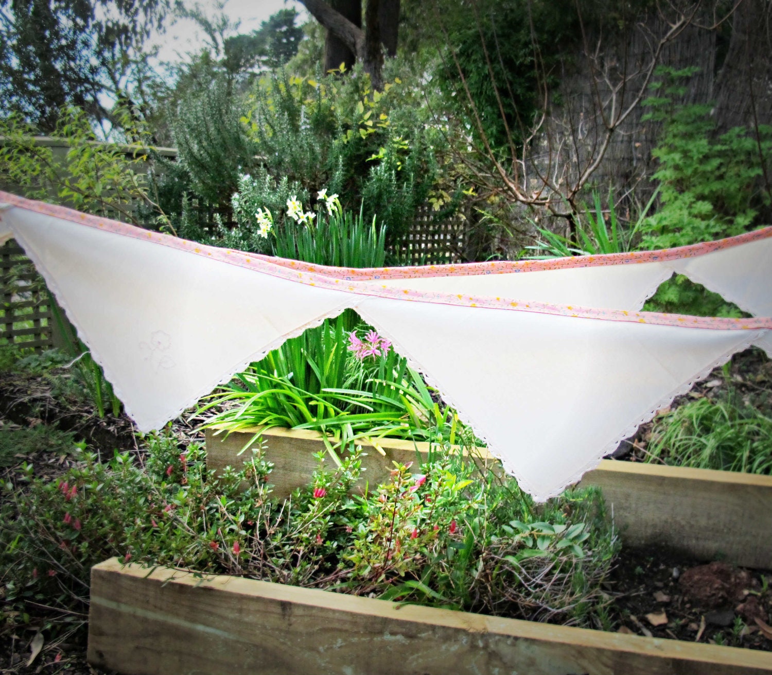 Lily Bunting Vintage Napkins Upcycled Wall Hanging Flower Pink Peach Floral OOAK Wedding Bridal