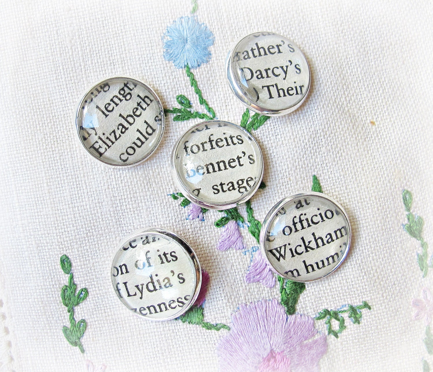 Handmade Buttons Set Pride and Prejudice Jane Austen Mr Darcy Elizabeth Bennet Wickham Lydia Vintage Upcycled Silver Text Book