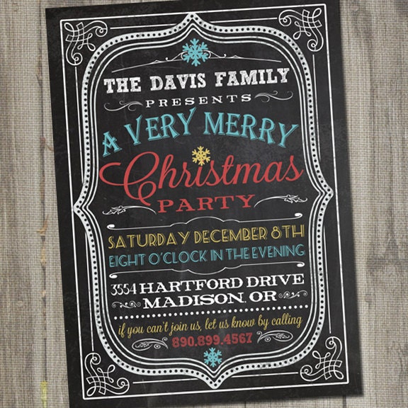 Vintage Retro Chalkboard Christmas Holiday PRINTABLE Party Invitation