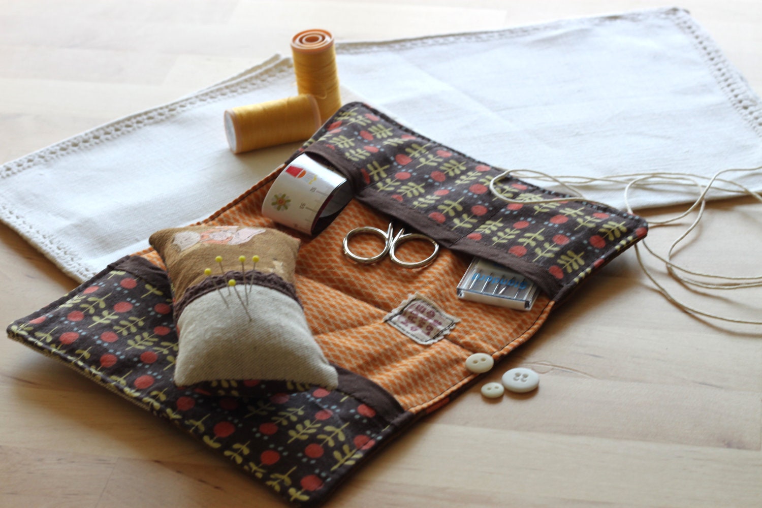 Sewing kit, pin cushion, travel sewing kit, embroidery kit. Zakka style. Portable sewing kit. Brown Heather Ross fabric. Ready to ship.