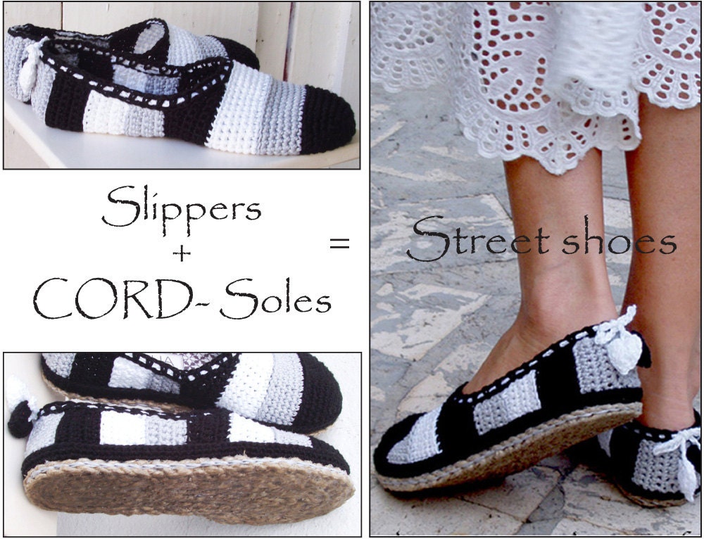 2in1-PACKAGE for Tailored CORD-Soles and Crochet Pattern Black and White Slippers - Instant Download