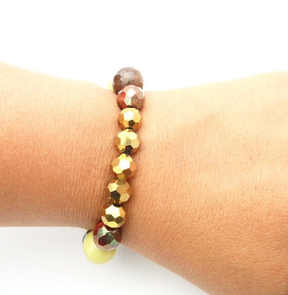 Gold Beaded bracelet - Yellow Chocolate Brown Semi Precious Stone Beads  and Czech Glass, Autumn Bracelet