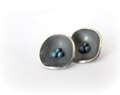 Flower stud sterling silver earrings, oxidized, blue collour and highly polished edge.