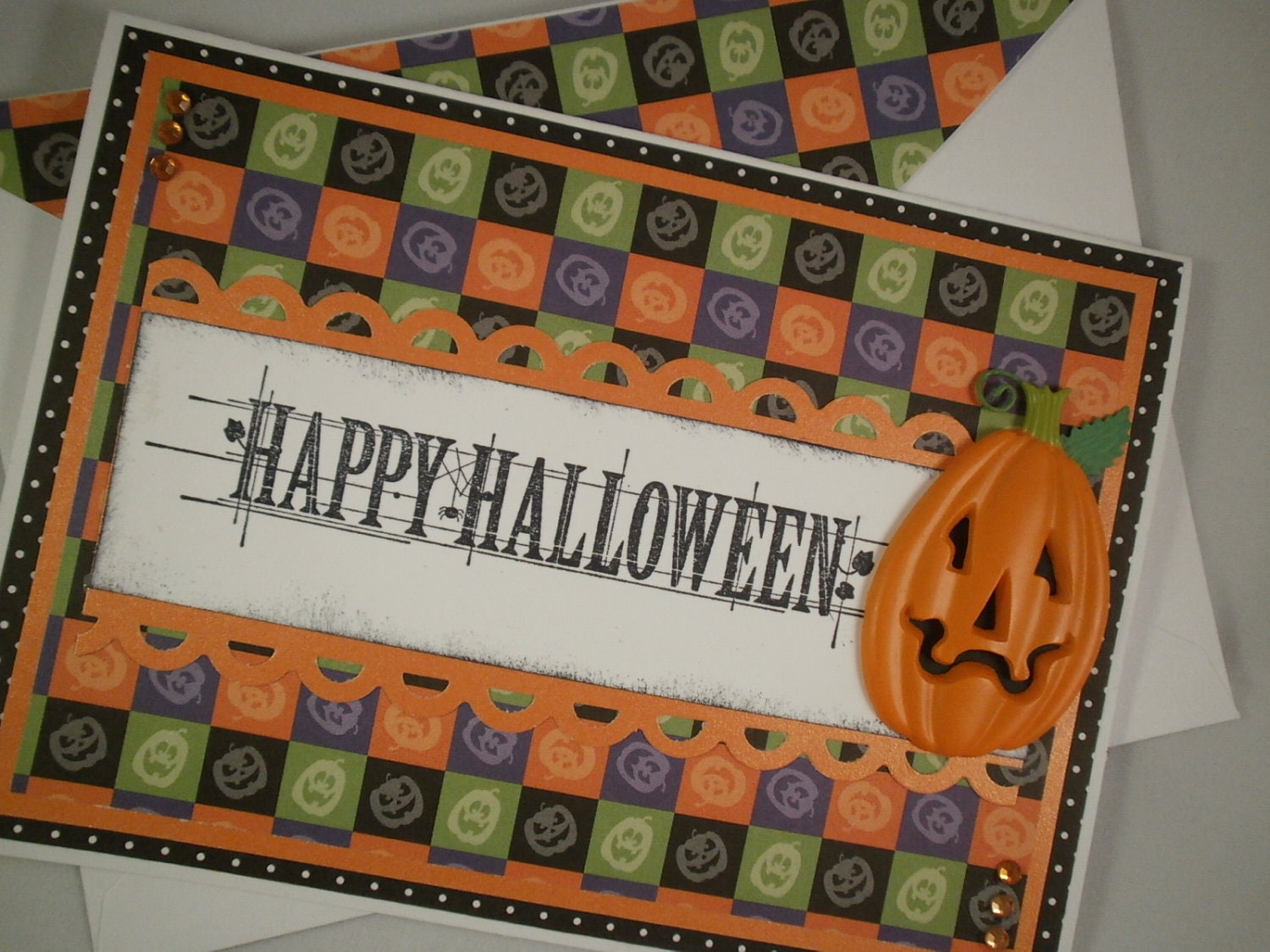 Happy Halloween Pumpkin - Handmade Halloween Card with Embellished Envelope