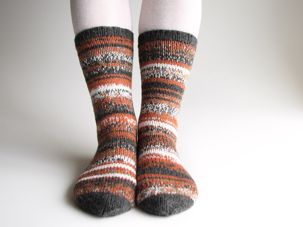 Hand Knitted High Socks -  Asymmetrical, Striped - 100% Natural Clothing