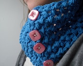 Ready to Ship Coffee House Cowl Blue with Pink Buttons