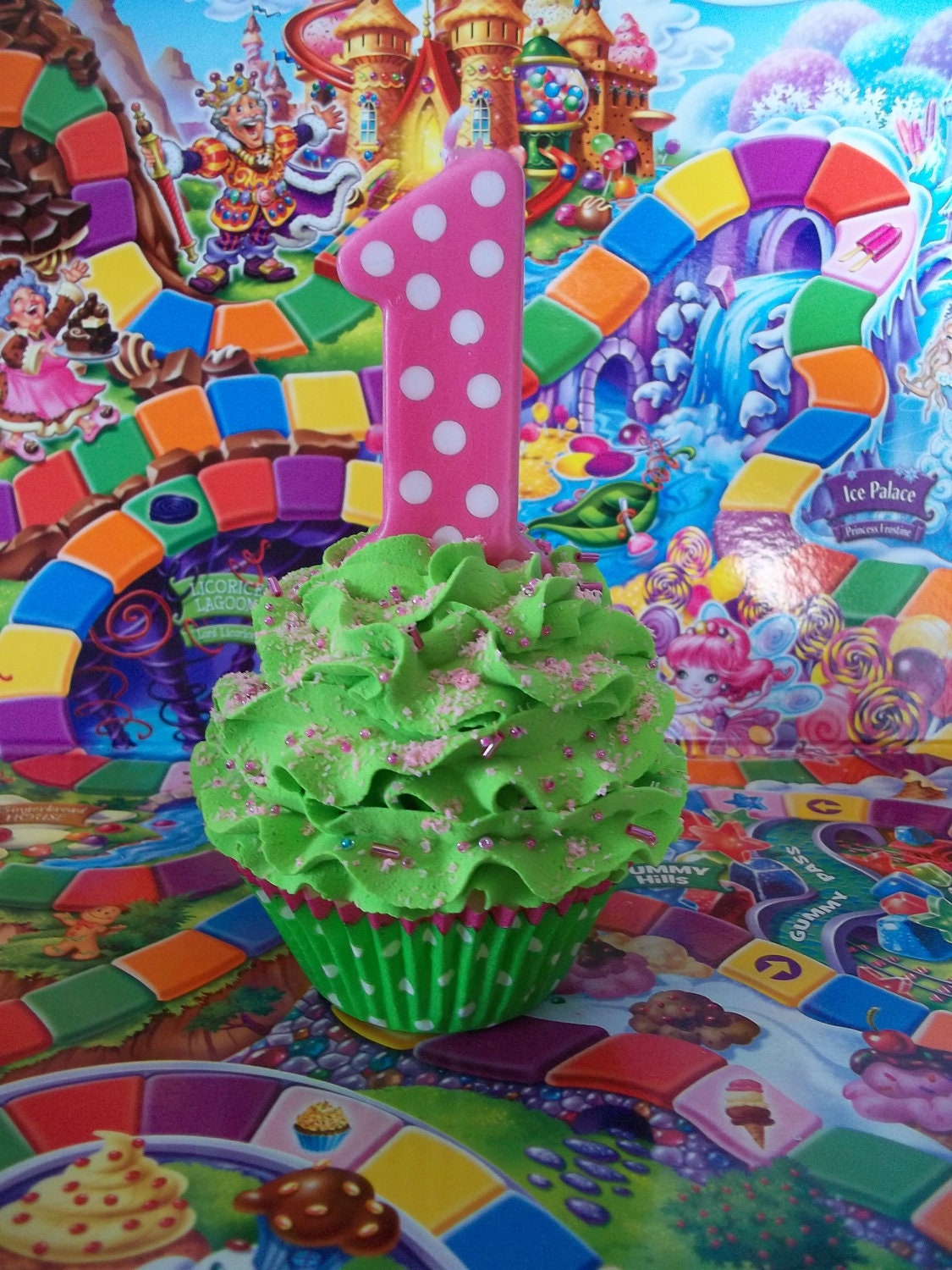 Little Girls First Birthday Fake Cupcake Photo Prop, Lime Green and Pink, Polka Dots, Number One Candle on Top Perfect for Pictures