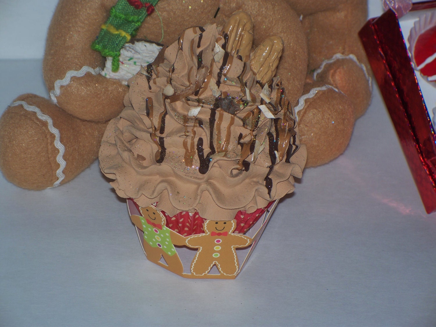 Gourmet Turtle Fake Cupcake Faux Pecans in a Gingerbread Man Wrapper for the Christmas Holiday Season, Secret Santa Gift