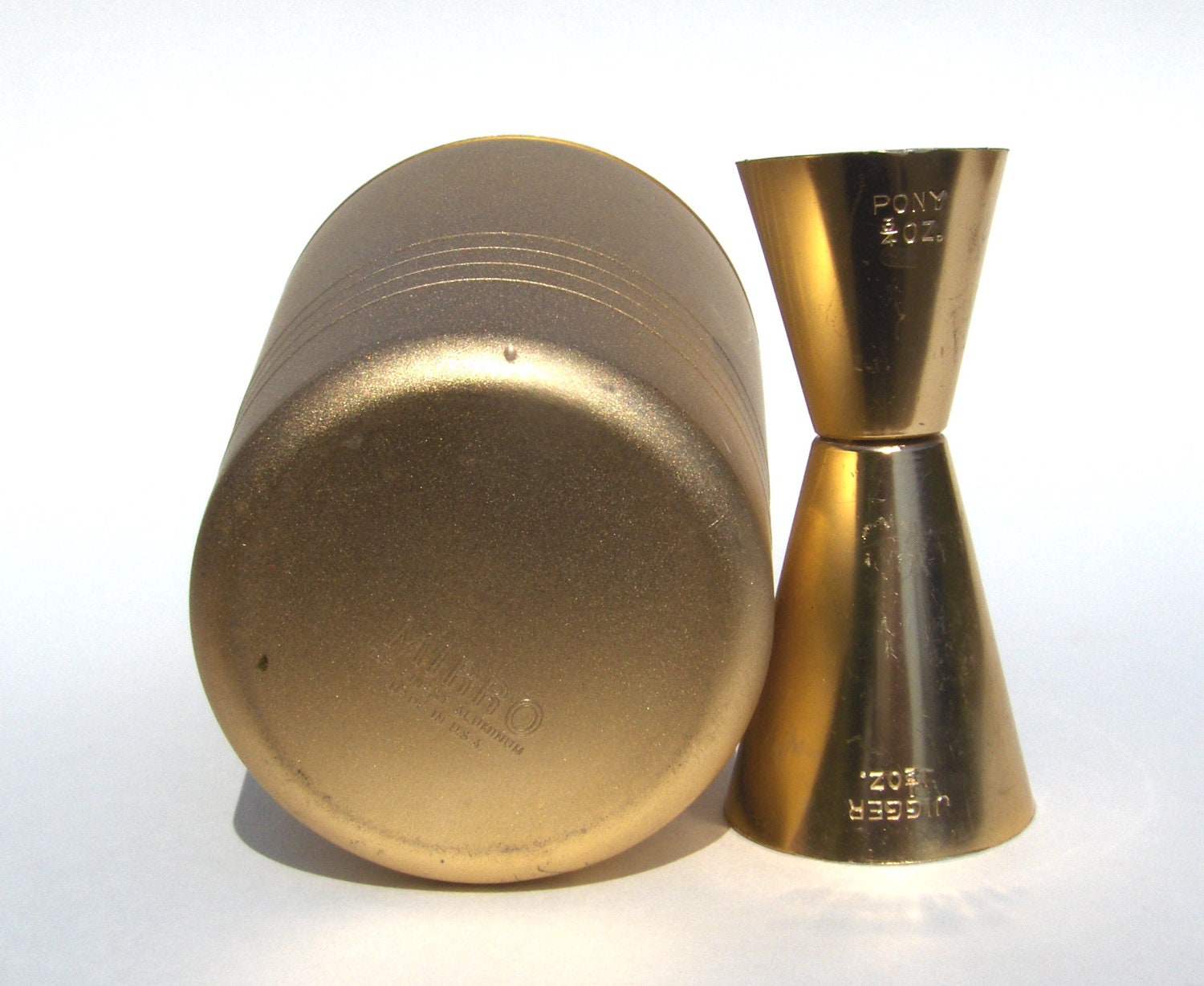 Aluminum Cocktail Shaker and Jigger Pony Shot Measure Set by Mirro in Copper Gold Tone Mid Century Barware for the Home Bartender