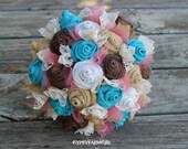 Turquoise and Coral Burlap and Lace Bride's Bouquets and Corsages Custom Wedding Arrangements with Fabric Flowers