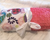 Minky Baby Blanket - Paisley Purple, Hot pink, Turquoise, Lavender - Personalized Custom Monogram