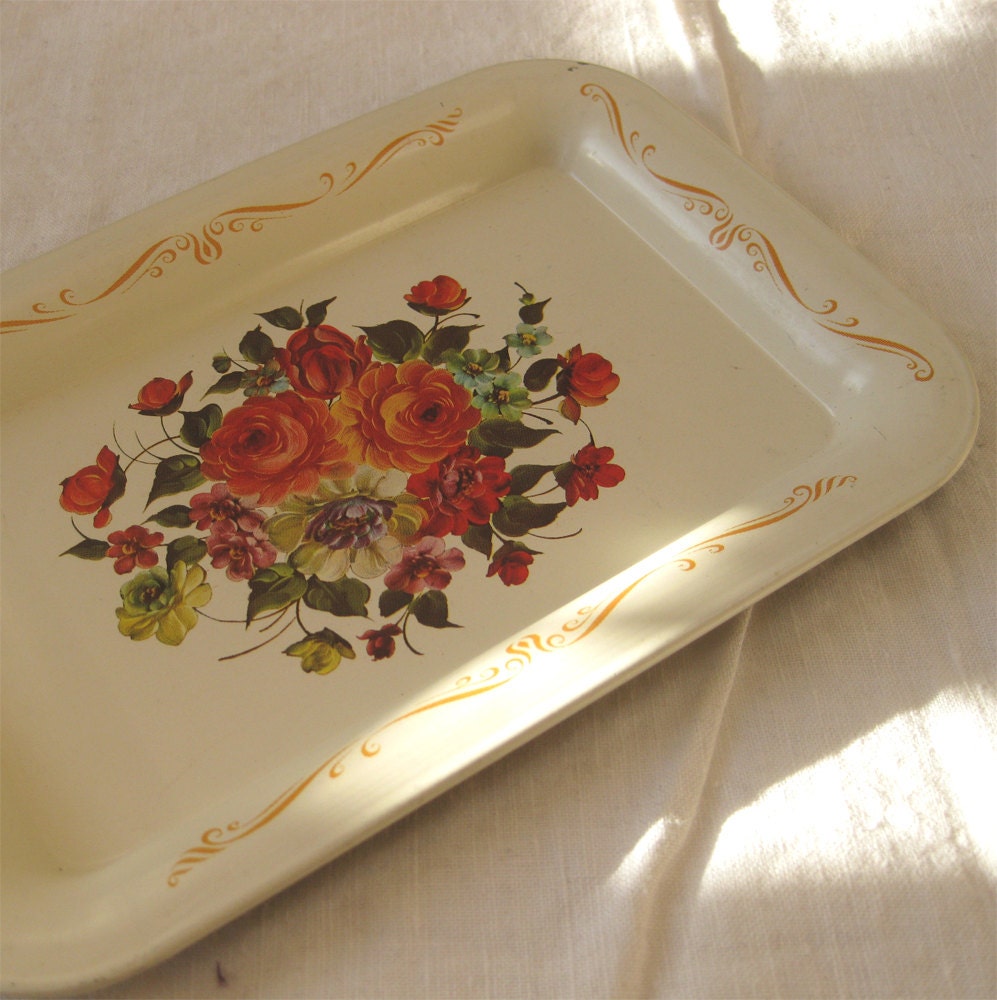Small Metal Flowered Tray - Vintage