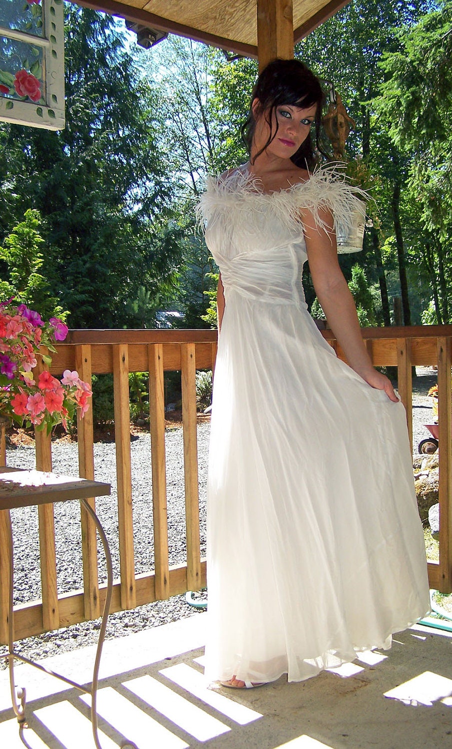 Antique/Vintage 1930s Ivory Chiffon Bridal Gown with Ostrich  Feather Fringe-Rare Beauty