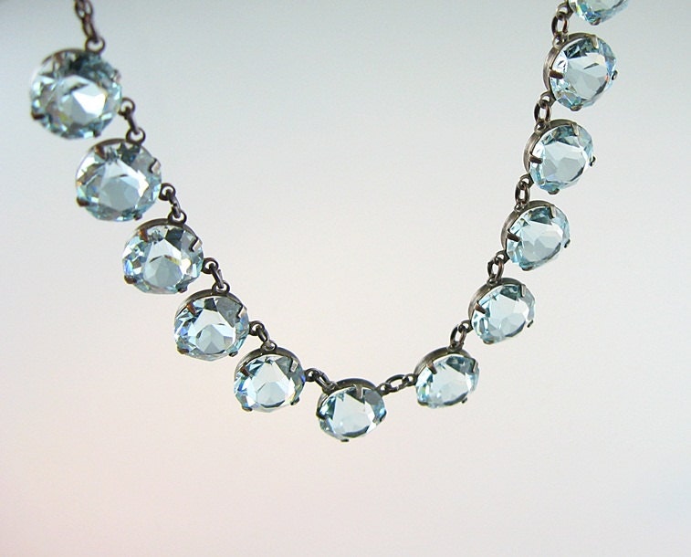 Art Deco Necklace Open Back Pale Blue Crystals Sterling Fine Rope Chain 1940s Jewelry