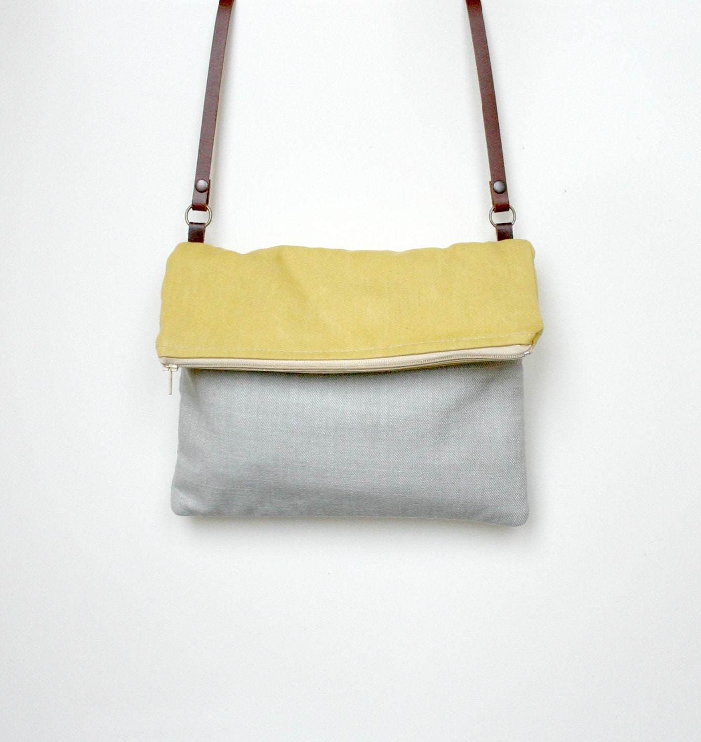 Foldover bag Colorblock Purse Yellow Grey washed canvas handbag sunshine leather strap - HelloVioleta
