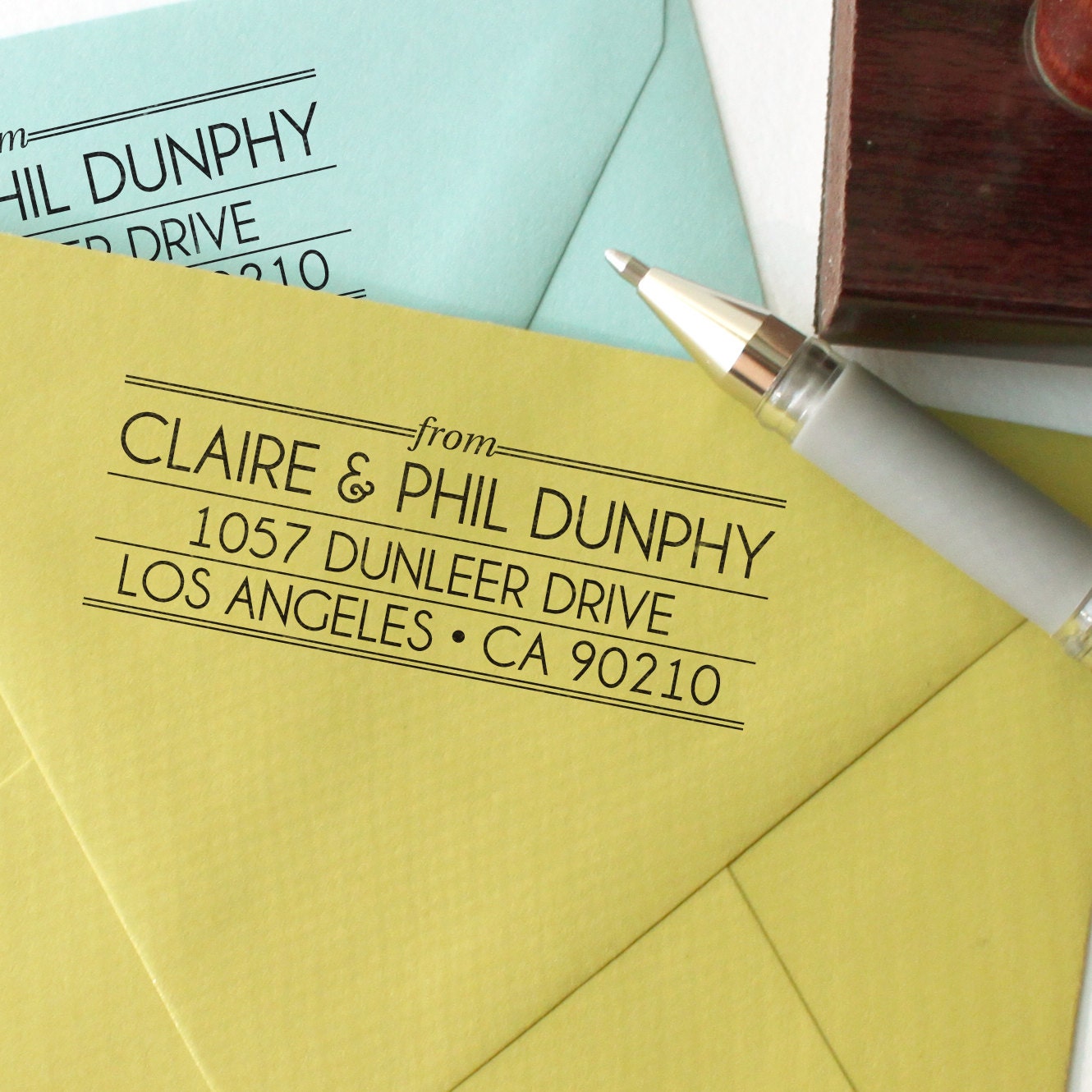 Custom return address stamp ART DECO DESIGN with wood handle