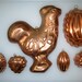 6 Antique Tin Lined COPPER Food Molds / Rooster, Heart, Pineapple, Melons / 1 TAGUS, Portugal