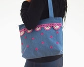 Jean Shoulder Bag in Blue, White, Pink Crochet Flowers Bohemian Chic Hippie Boho Gypsy Style Fashion