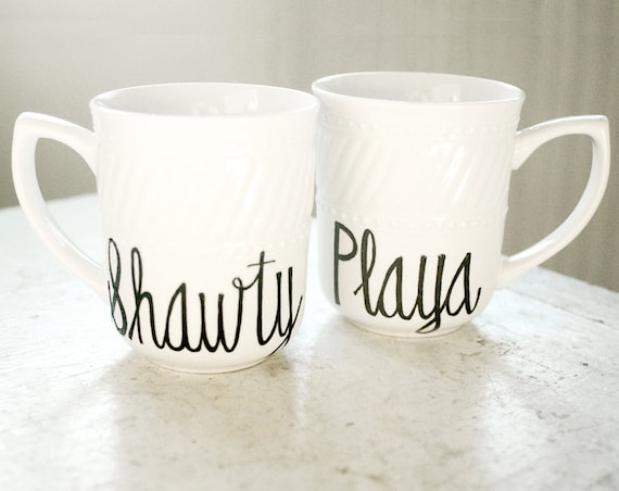 playa loves shawty - set of two (2) vintage mug - upcycled pair of tea cups