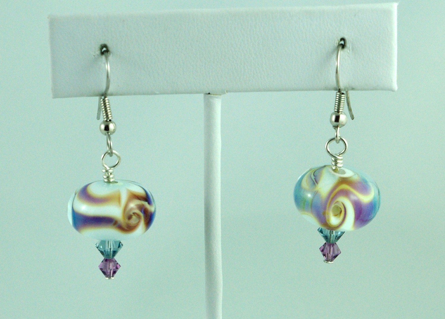 Purple and Blue Lampwork Earrings for Sensitive Ears by Michelle Surgical Steel Swarovski Crystals Stephanie Beads Stephanie Ann