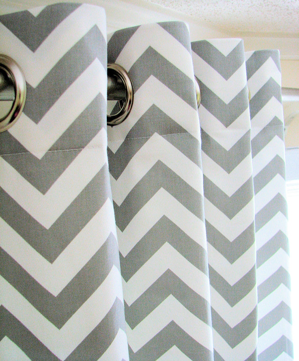 Pair of Decorative Designer Custom Grommet Curtains Drapes 50 x 80 Dove Gray and White Twill Chevron Zig Zag Fully Lined