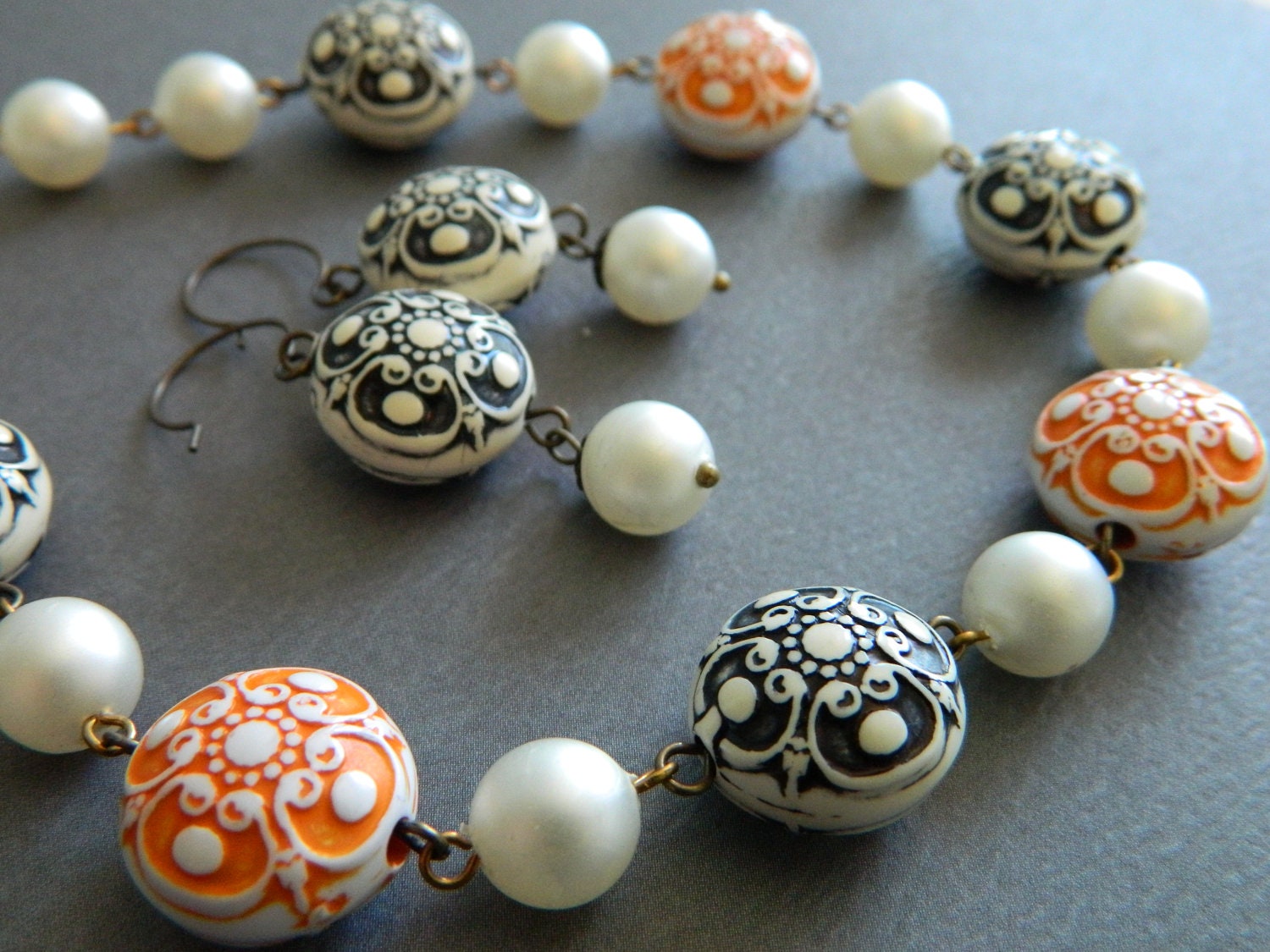 Halloween Necklace & Earrings Victorian Primitive Lace Black and Orange, White Pearls - Arsenic and Lace