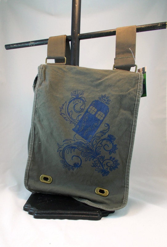 Henna Police Box Khaki Green Canvas Messenger Bag with Adjustable Strap
