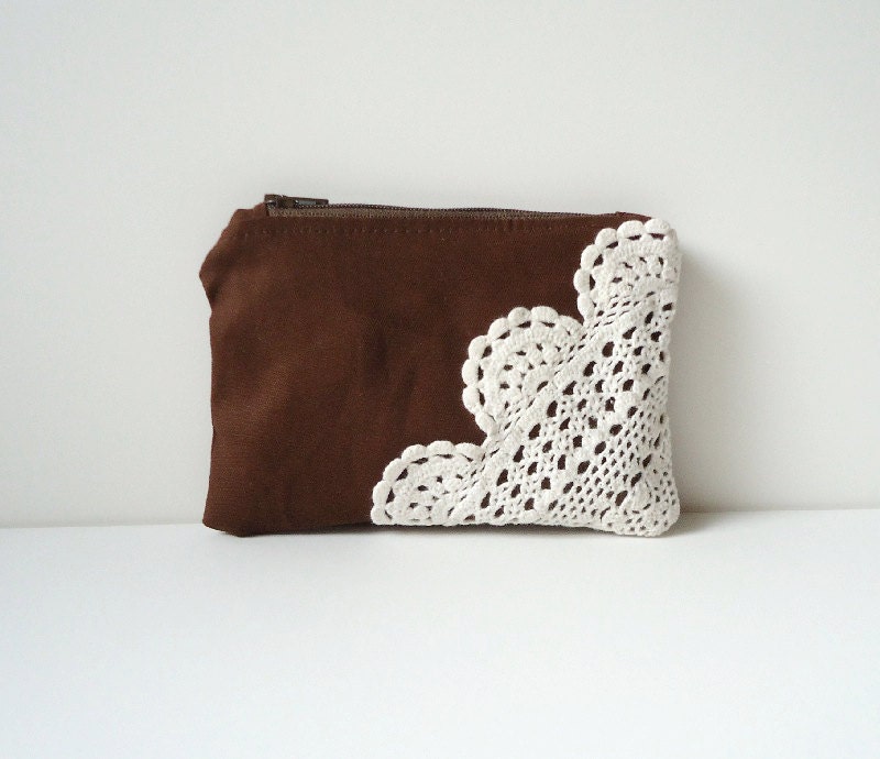 Brown Zipper Clutch Vintage Crochet Doily - iPhone Case - Chocolate Coin Purse
