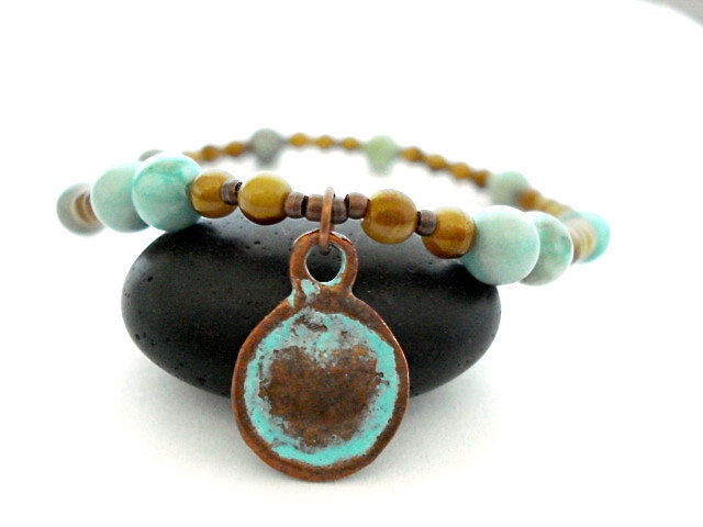 Yoga Bracelet, Teal Jasper, Brown Czech Glass, Copper Charm Handmade Beaded Bracelet