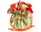Drawstring Jewelry Pouch - Red, cream, grey and black snowflakes travel bag