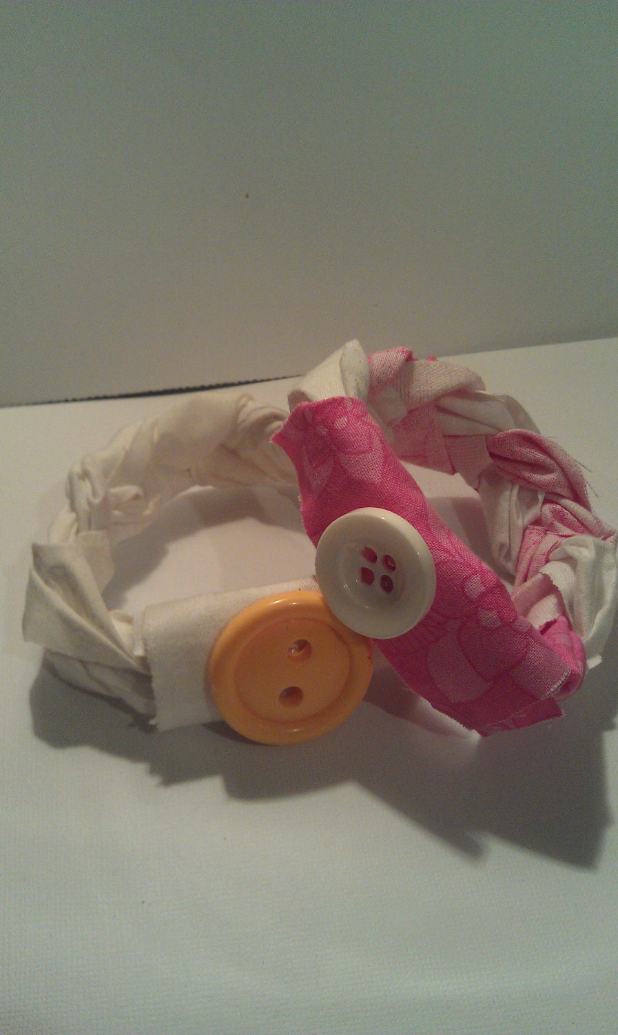 Two White and Pink Braided Fabric Bracelets with Buttons // Shabby Chic // Fabric Bracelets