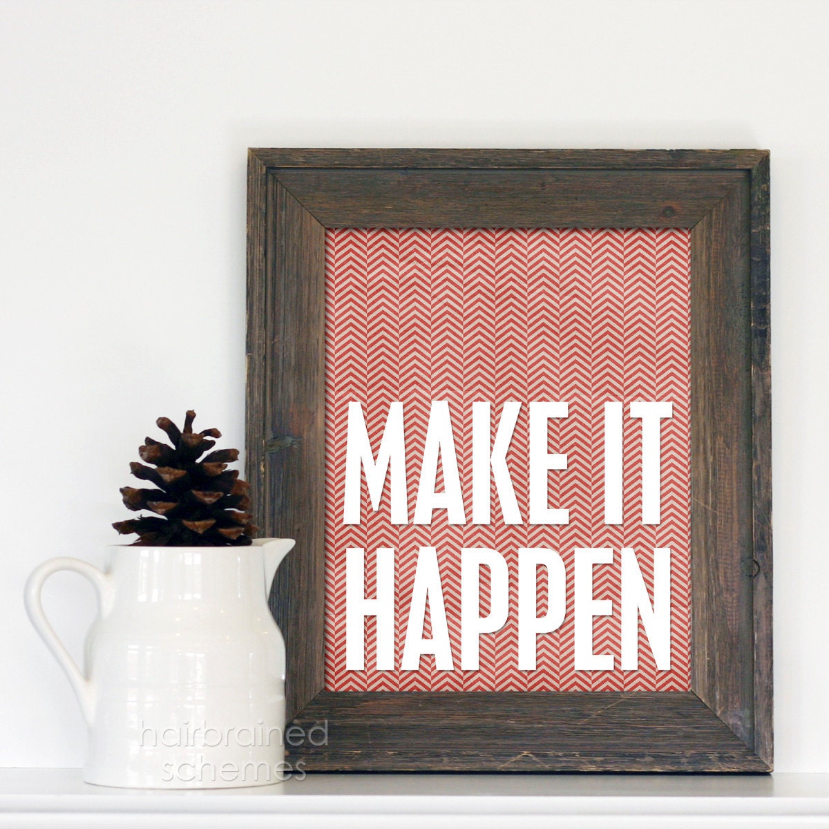 Make it Happen Art Poster Typography Print - Red Cream Chevron Kraft Ivory Tribal Inspirational Typographic Print
