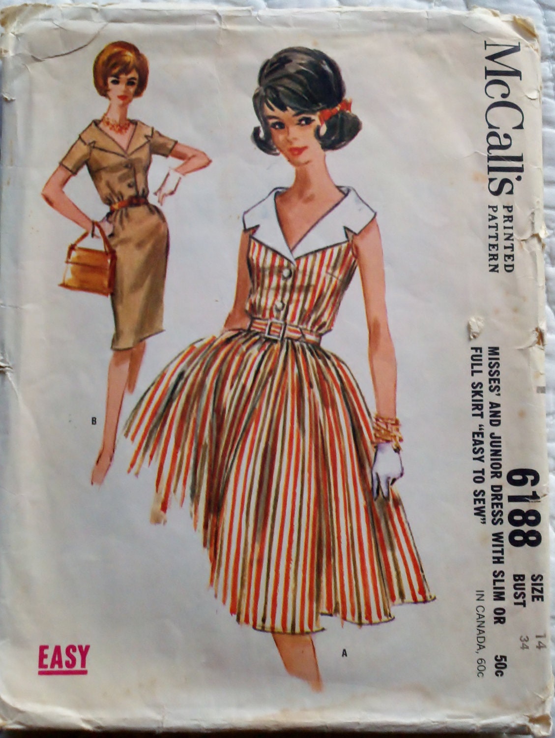 McCall's 6188 Vintage Sewing Pattern Womens Mad Men Shirtwaist Dress with Swing Skirt or Wiggle Dress Size 14 Bust 34"