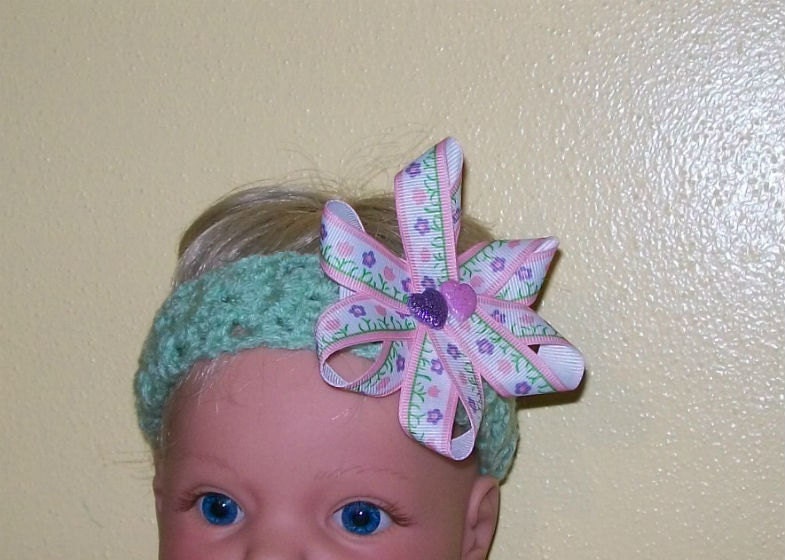 Soft green headband with handmade pink and purple bow- 14 - 16 inches