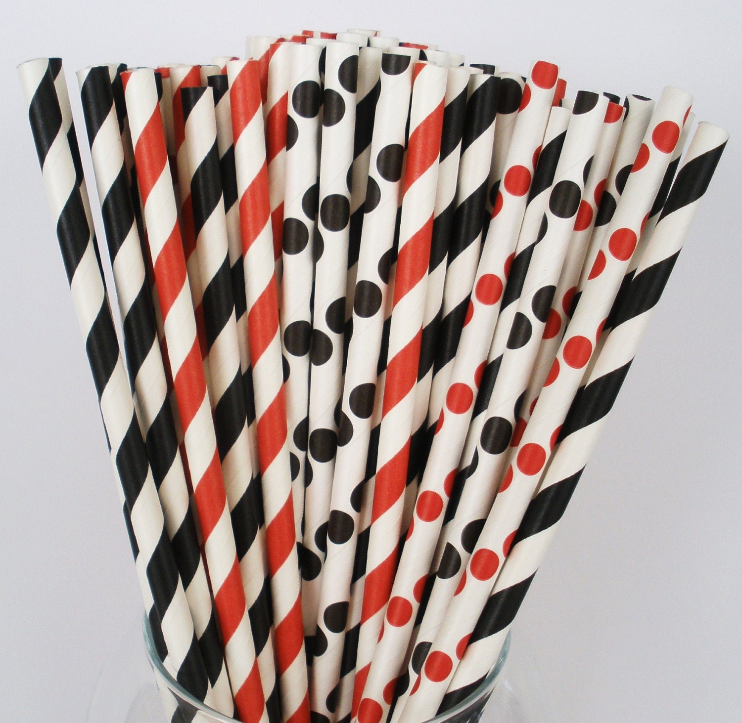 25 MICKY & MINNIE Paper Straws Black / Red Stripes and Dots Paper Drinking Straws Princes Cake Pop Sticks Mickey Mouse Minnie Party Straws