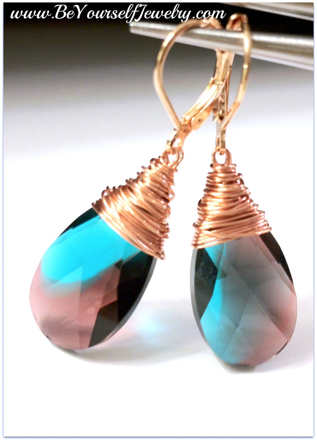 Swarovski Crystal Earrings Blue Zircon Earrings Wire Wrapped Earrings Teardrop Briolette Earrings Rose Gold Bridesmaid Gift Ready to Ship