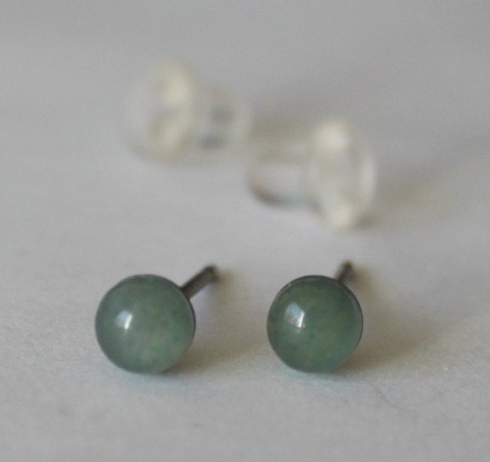 4mm Natural Green Aventurine Studs, hypoallergenic Titanium posts, Silicone ear nuts, Cabochon Gemstone post studs
