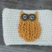 Golden woodland owl Coffee Cozy, crocheted, gold, beige, cream sleeve