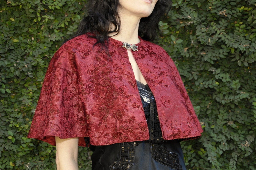 Embossed Velvet Love Caplet Cape with Jeweled Clasp