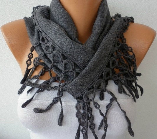 Gray Scarf Pashmina  Scarf - Cotton Scarf -Women Scarf - Cowl with Lace  Edge - fatwoman