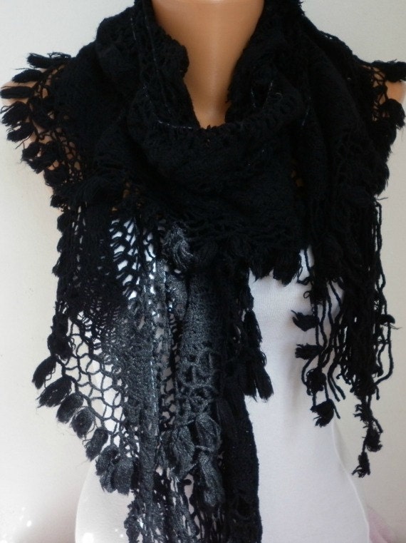 Fabric Knitted Lace Scarf  -  Shawl Scarf  Cowl Scarf -  Long Scarf - Ruffle Scarf- Black -fatwoman