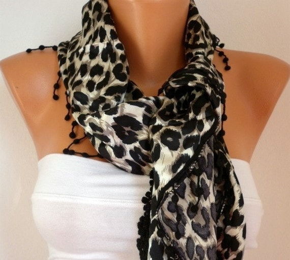 Leopard  Women  Scarf - Cowl Scarf - Shawl  with Lace Edge - Black