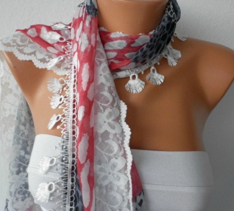 Leopard Print  Scarf  -  Cowl with Lace Edge  Gray Blue  Red Lace