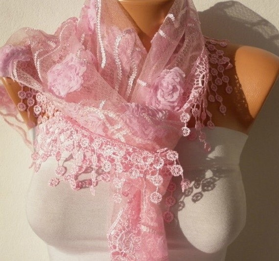 Pink  Scarf  -   Cowl with Lace Edge