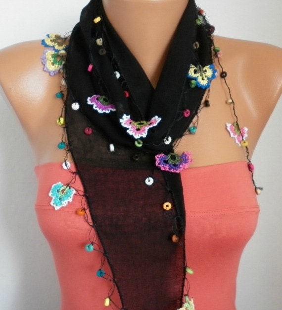 Summer Scarf Shawl - Cotton Weddings Scarves - Cowl with Lace Edge - Black