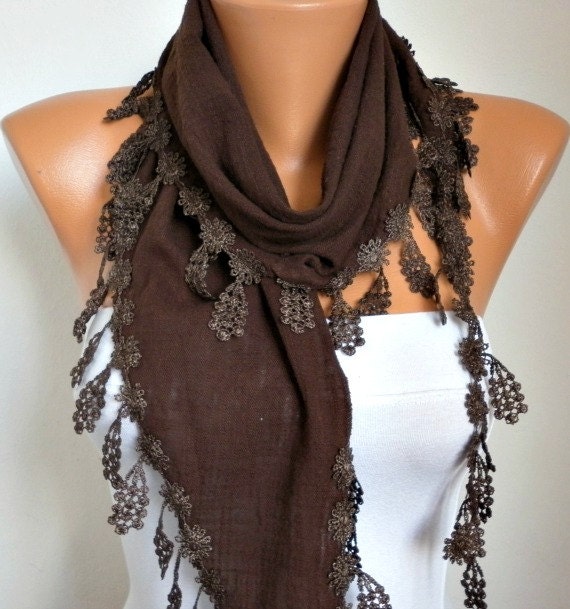 BIG SALE Brown Scarf  - Cotton  Scarf -  Cowl with Lace Edge   -