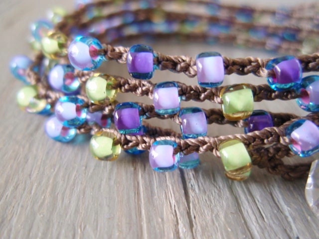 Crochet wrap bracelet necklace 'Lilac Dew', lime green, purple, surfer chic beach boho, trendy waterproof pool jewelry