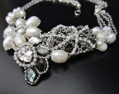 Small Statement  Flower Necklace - Bridal Bib  with Pearls & Rhinestones by Sharona Nissan